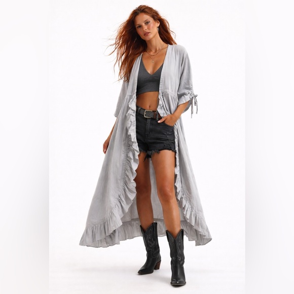 FBC Studio Jackets & Blazers - Organic Cotton Boho Duster Cardigan, Light Gray Long Bohemian Kimono Jacket S/M